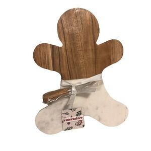 Marble and Acacia Wood Cheese Board Gingerbread Man Spreader Set - NEW
